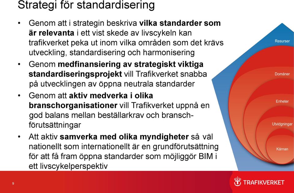 öppna neutrala standarder Genom att aktiv medverka i olika branschorganisationer vill Trafikverket uppnå en god balans mellan beställarkrav och branschförutsättningar Att