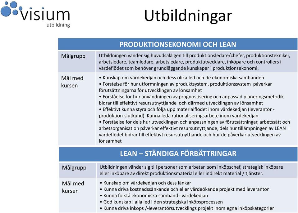 Kunskap om värdekedjan och dess olika led och de ekonomiska sambanden Förstelse för hur utformningen av produktsystem, produktionssystem påverkar förutsättningarna för utvecklingen av lönsamhet