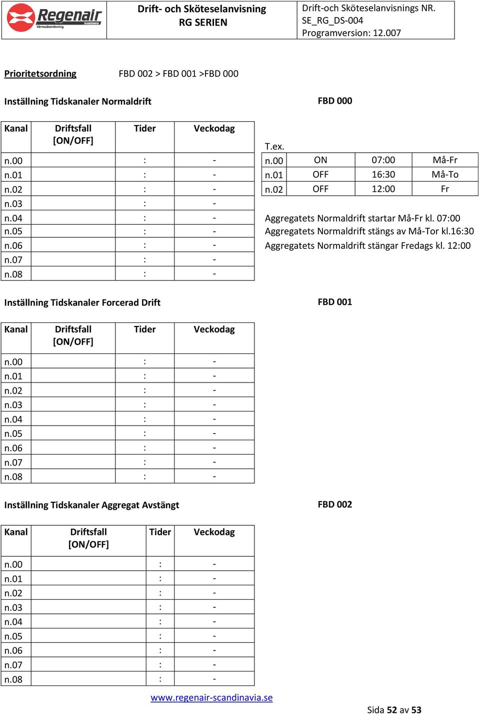 06 : - Aggregatets Normaldrift stängar Fredags kl. 12:00 n.07 : - n.08 : - Inställning Tidskanaler Forcerad Drift FBD 001 Kanal Driftsfall [ON/OFF] Tider Veckodag n.00 : - n.01 : - n.02 : - n.