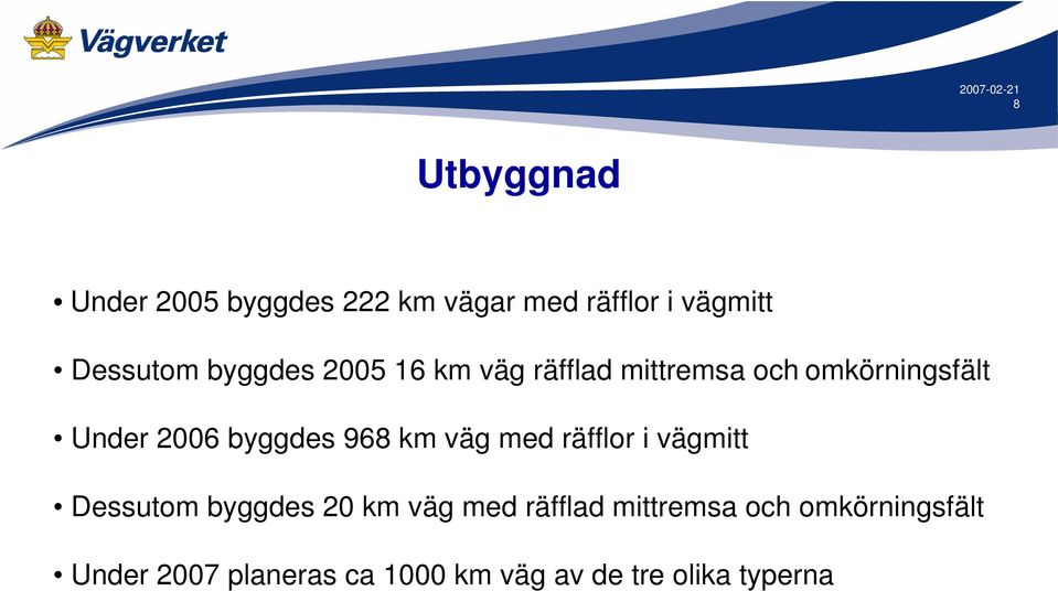 968 km väg med räfflor i vägmitt Dessutom byggdes 20 km väg med räfflad