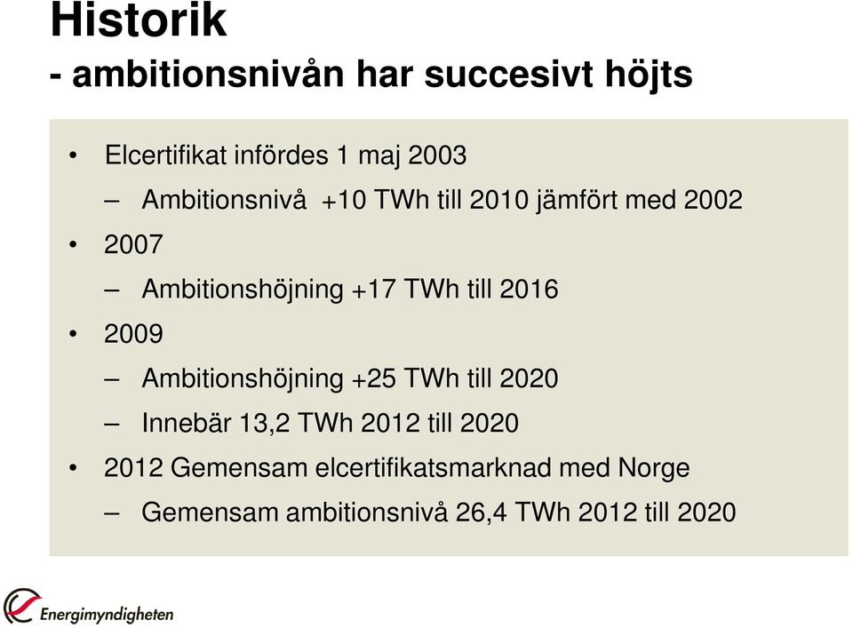 till 2016 2009 Ambitionshöjning +25 TWh till 2020 Innebär 13,2 TWh 2012 till 2020