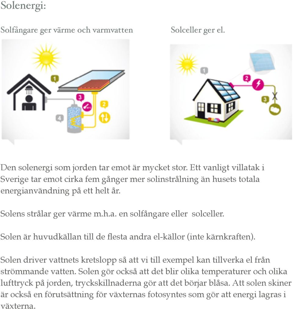 Solen är huvudkällan till de flesta andra el-källor (inte kärnkraften). Solen driver vattnets kretslopp så att vi till exempel kan tillverka el från strömmande vatten.