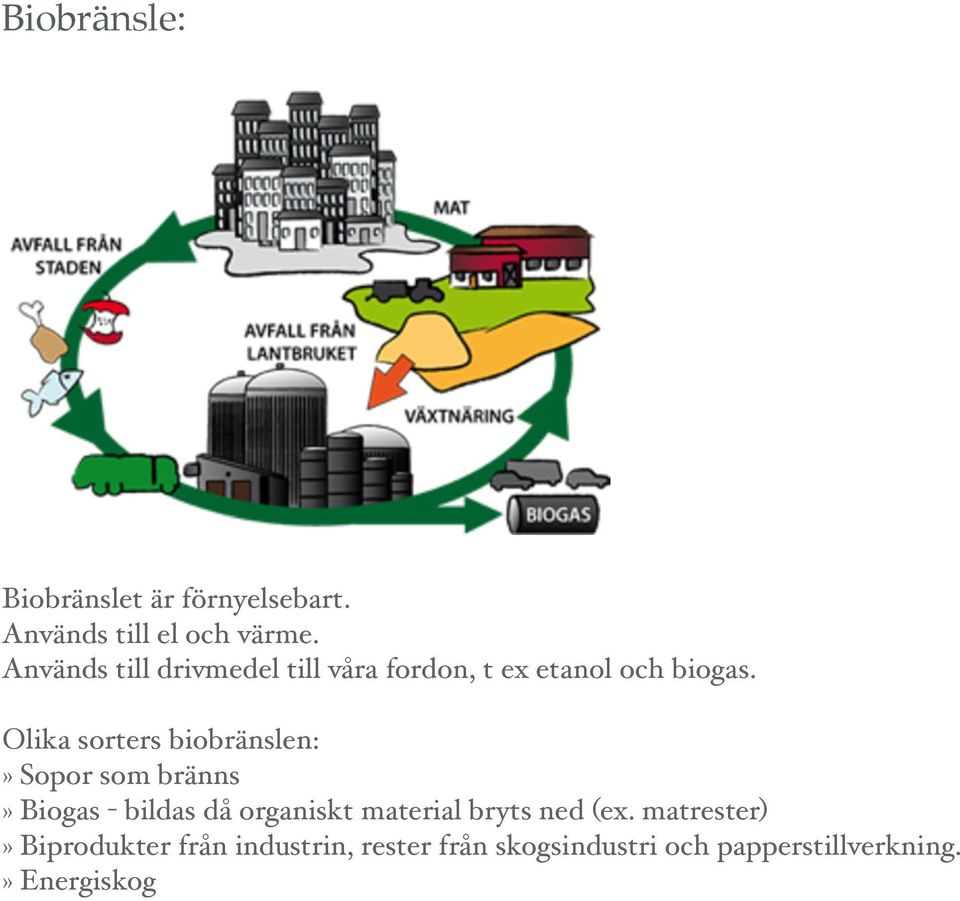 Olika sorters biobränslen:» Sopor som bränns» Biogas - bildas då organiskt material