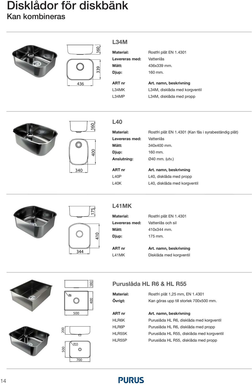 160 mm. Ø40 mm. (utv.) 340 L40P L40K L40, disklåda med propp L40, disklåda med korgventil 175 410 L41MK Levereras med: Vattenlås och sil 410x344 mm. 175 mm.