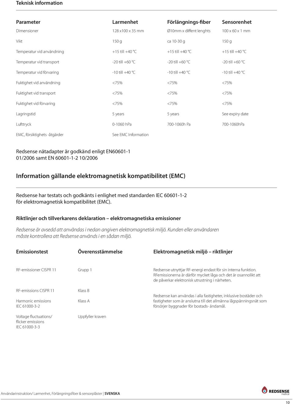 användning Fuktighet vid transport Fuktighet vid förvaring Lagringstid 5 years 5 years See expiry date Lufttryck 0-1060 hpa 700-1060h Pa 700-1060hPa EMC, försiktighets -åtgärder See EMC Information