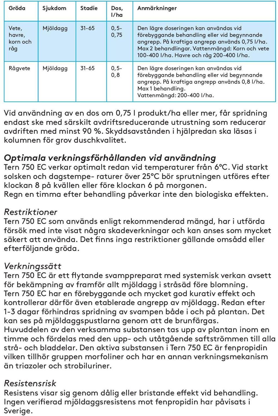 Rågvete Mjöldagg 31-65 0,5-0,8 Den lägre doseringen kan användas vid förebyggande behandling eller vid begynnande angrepp. På kraftiga angrepp används 0,8 l/ha. Max 1 behandling.