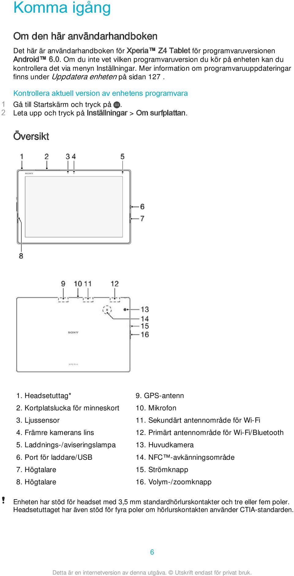 Kontrollera aktuell version av enhetens programvara 1 Gå till Startskärm och tryck på. 2 Leta upp och tryck på Inställningar > Om surfplattan. Översikt 1. Headsetuttag* 2.