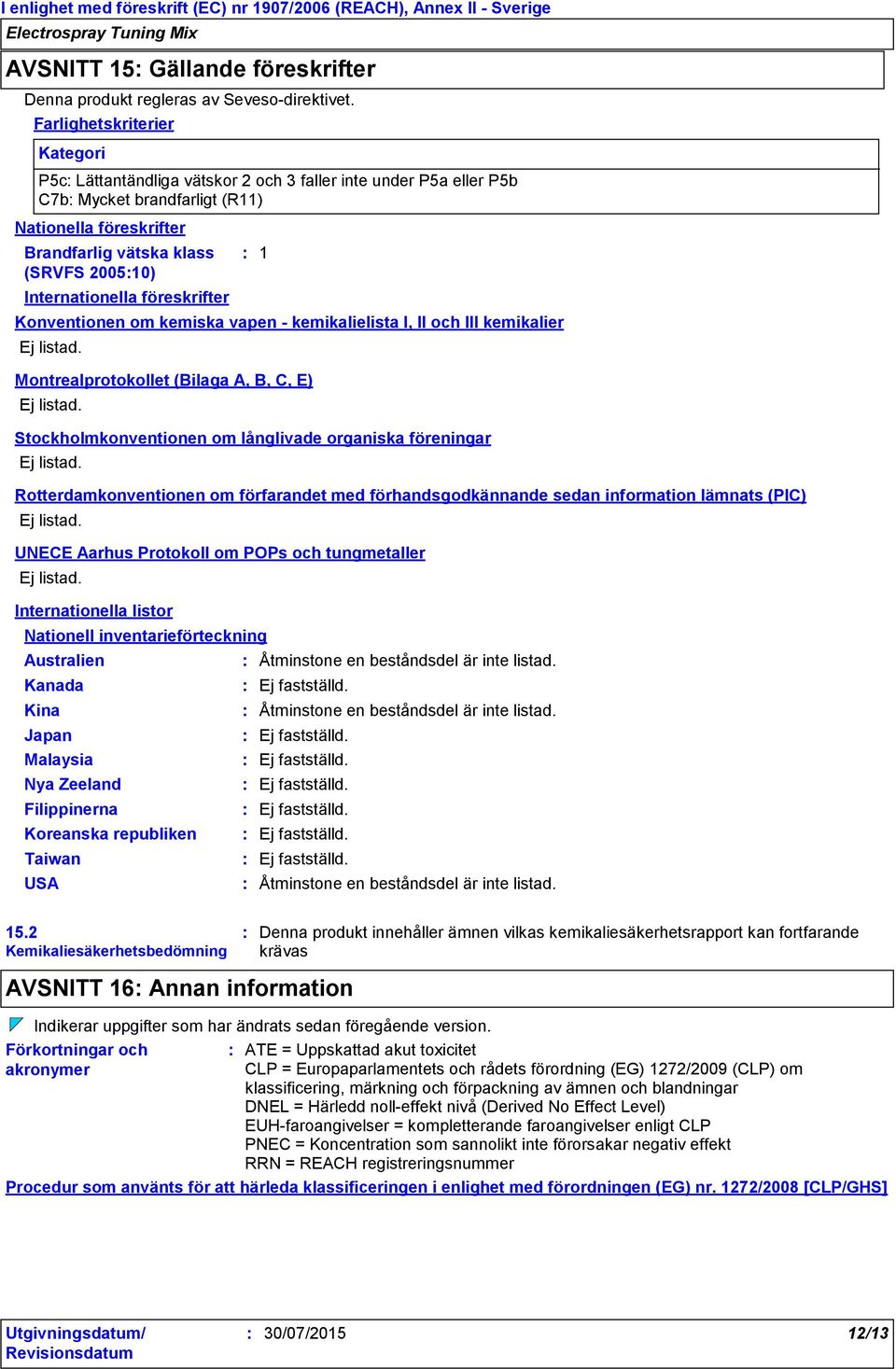 Internationella föreskrifter 1 Konventionen om kemiska vapen - kemikalielista I, II och III kemikalier Ej listad. Montrealprotokollet (Bilaga A, B, C, E) Ej listad.