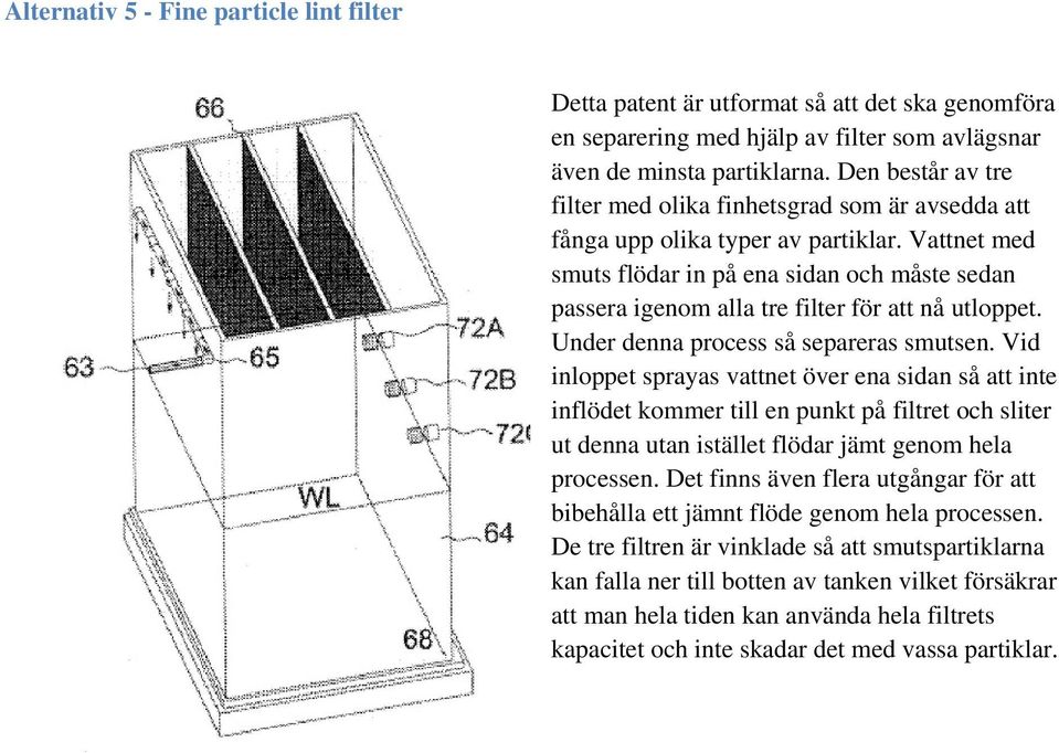 Vattnet med smuts flödar in på ena sidan och måste sedan passera igenom alla tre filter för att nå utloppet. Under denna process så separeras smutsen.