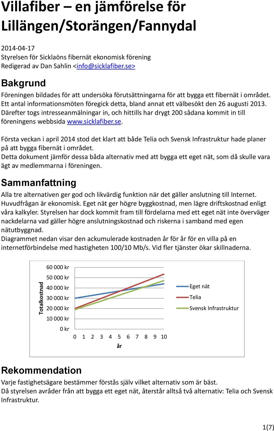 Därefter togs intresseanmälningar in, och hittills har drygt 200 sådana kommit in till föreningens webbsida www.sicklafiber.se. Första veckan i april 2014 stod det klart att både Telia och Svensk Infrastruktur hade planer på att bygga fibernät i området.