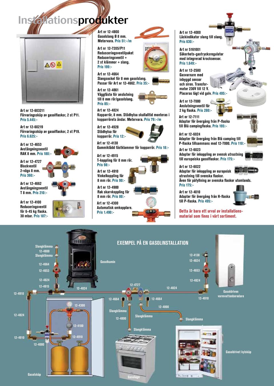 Pris 210:- Art nr 12-4100 Reduceringsventil för 6-45 kg flaska. 30 mbar. Pris 187:- Art nr 12-4800 Gasolslang Ø 8 mm. Metervara.