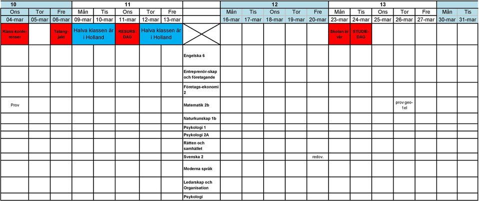4-mar 5-mar 6-mar 7-mar 30-mar 31-mar Talangjakt Halva klassen är i Holland Klass-konferenser