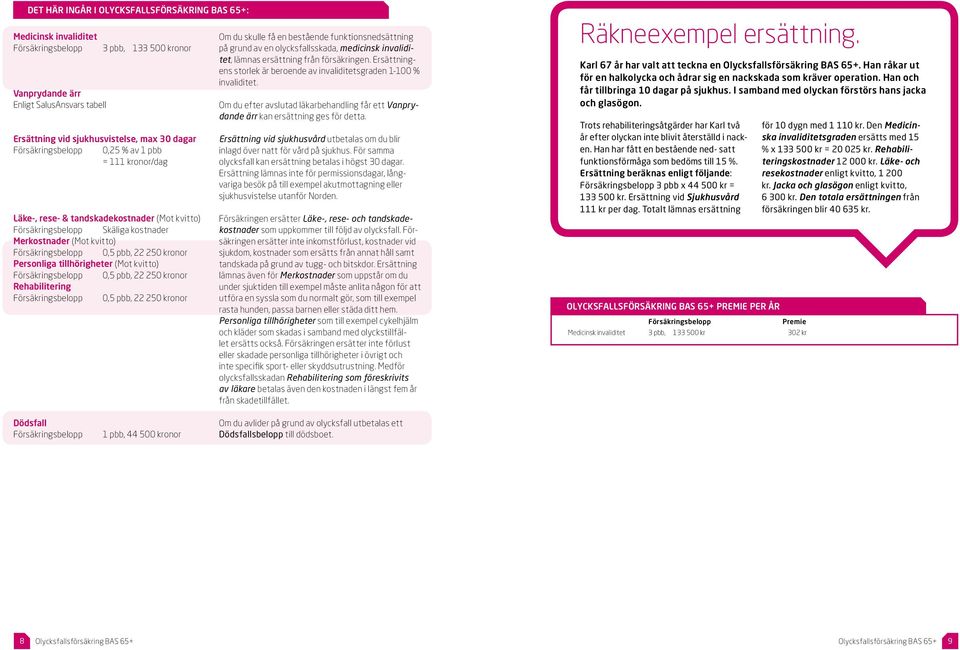 kronor Personliga tillhörigheter (Mot kvitto) Försäkringsbelopp 0,5 pbb, 22 250 kronor Rehabilitering Försäkringsbelopp 0,5 pbb, 22 250 kronor Om du skulle få en bestående funktionsnedsättning på
