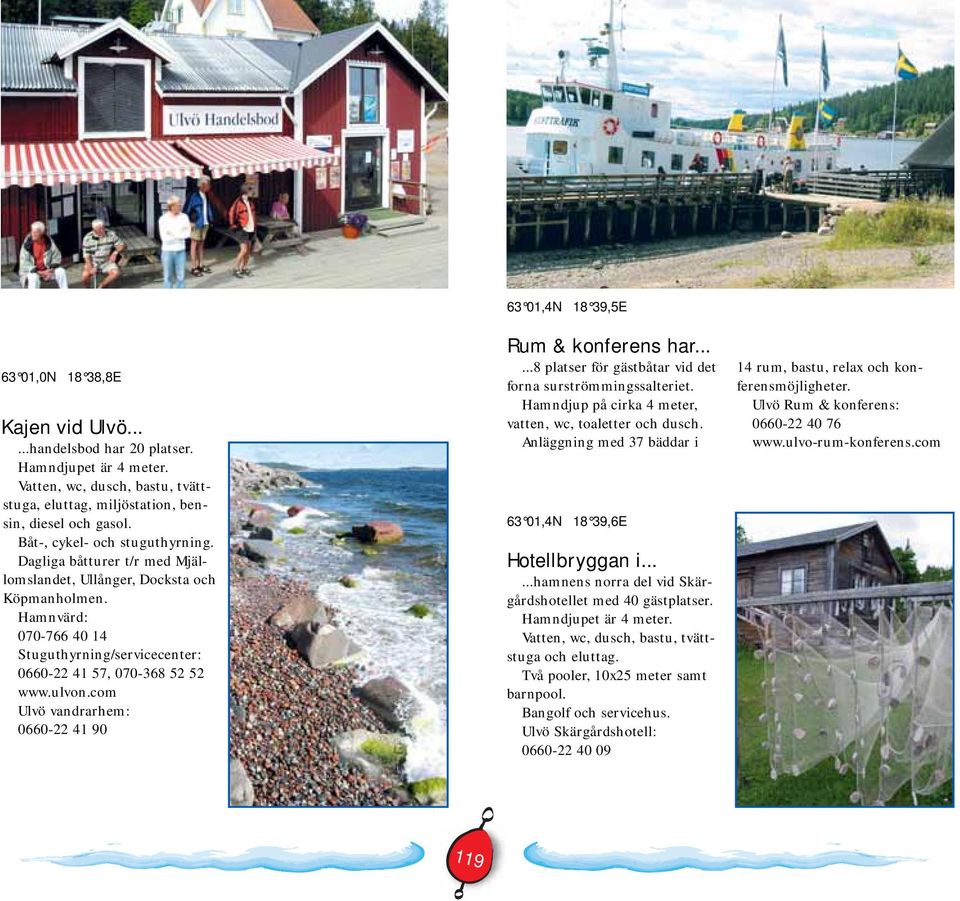 ulvon.com Ulvö vandrarhem: 0660-22 41 90 63 01,4N 18 39,5E Rum & konferens har......8 platser för gästbåtar vid det forna surströmmingssalteriet.