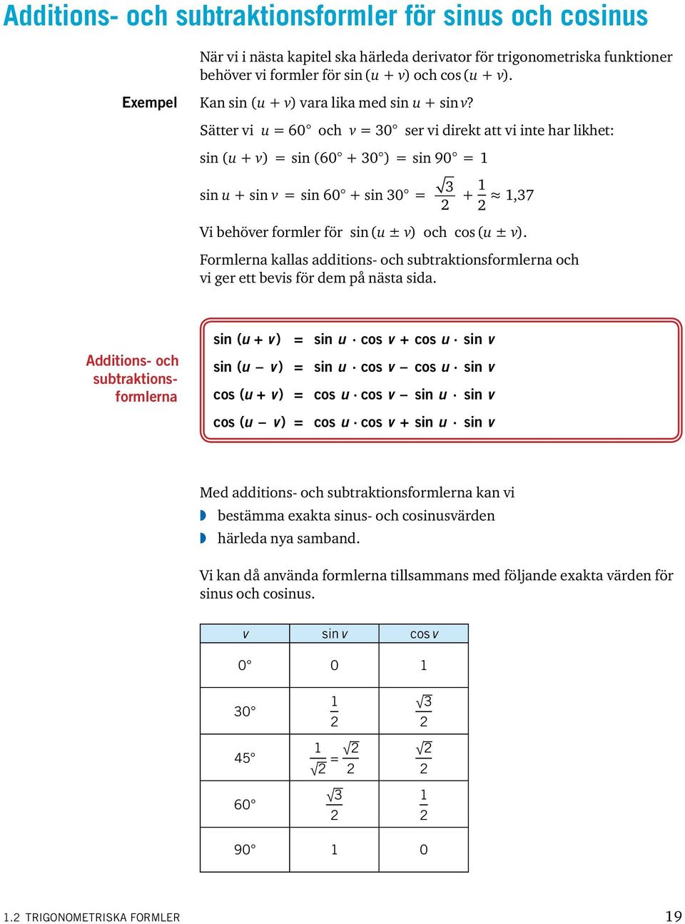 Sätter vi u 60 och v 30 ser vi direkt att vi inte har likhet: sin (u + v) sin (60 + 30 ) sin 90 sin u + sin v sin 60 + sin 30 3 +,37 Vi behöver formler för sin (u ± v) och cos (u ± v).