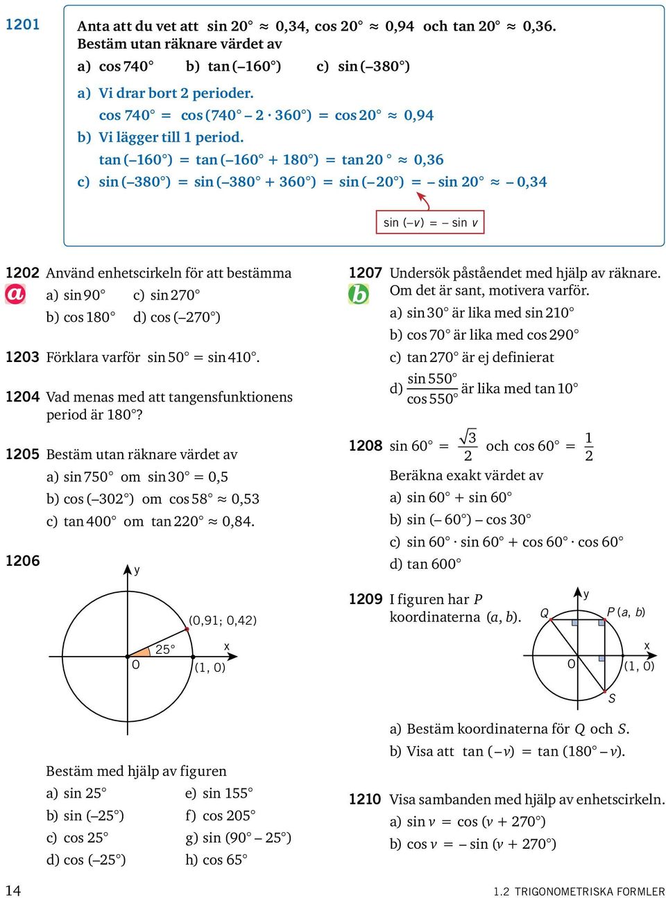 tan ( 60 ) tan ( 60 + 80 ) tan 0 0,36 c) sin ( 380 ) sin ( 380 + 360 ) sin ( 0 ) sin 0 0,34 sin ( v ) sin v 0 Använd enhetscirkeln för att bestämma a) sin 90 c) sin 70 b) cos 80 d) cos ( 70 ) 03