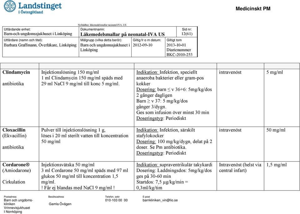 Indikation: Infektion, speciellt anaeroba bakterier eller gram-pos kokker Dosering: barn v 36+6: 5mg/kg/dos 2 gånger dagligen Barn v 37: 5 mg/kg/dos gånger 3/dygn.