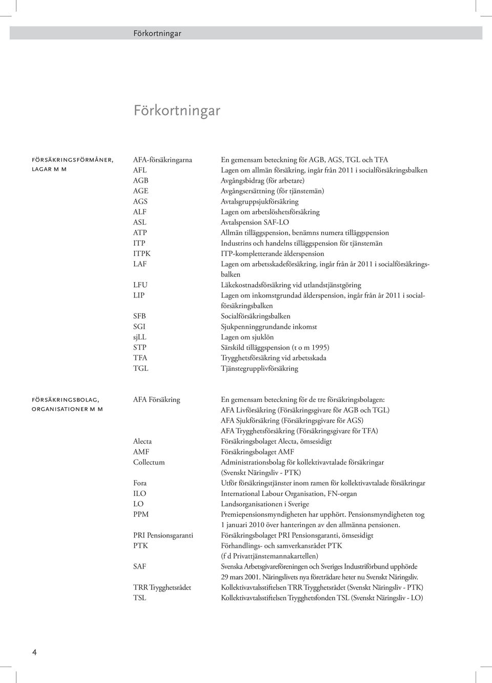 tilläggspension, benämns numera tilläggspension ITP Industrins och handelns tilläggspension för tjänstemän ITPK ITP-kompletterande ålderspension LAF Lagen om arbetsskadeförsäkring, ingår från år 2011