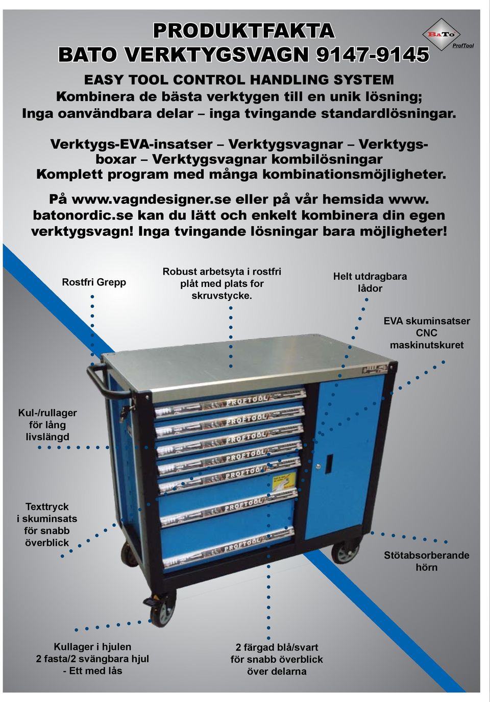 se kan du lätt och enkelt kombinera din egen verktygsvagn! Inga tvingande lösningar bara möjligheter! Rostfri Grepp Robust arbetsyta i rostfri plåt med plats for skruvstycke.