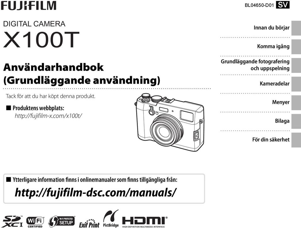 com/x100t/ Innan du börjar Komma igång Grundläggande fotografering och uppspelning Kameradelar