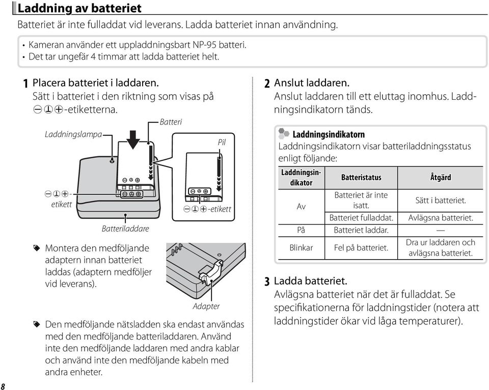 Batteri Laddningslampa Pil DFCetikett Batteriladdare R Montera den medföljande adaptern innan batteriet laddas (adaptern medföljer vid leverans).