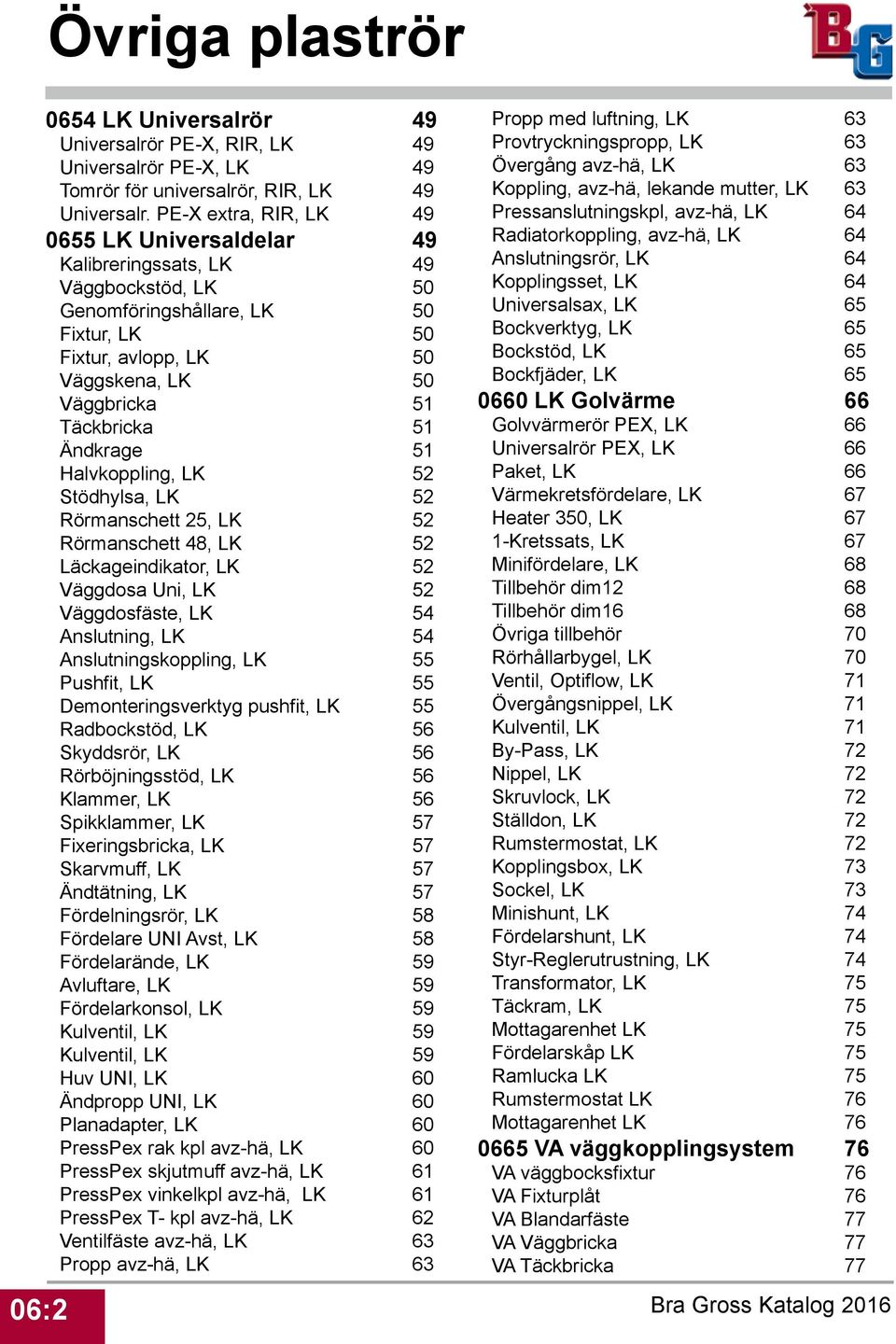 51 Ändkrage 51 Halvkoppling, LK 52 Stödhylsa, LK 52 Rörmanschett 25, LK 52 Rörmanschett 48, LK 52 Läckageindikator, LK 52 Väggdosa Uni, LK 52 Väggdosfäste, LK 54 Anslutning, LK 54