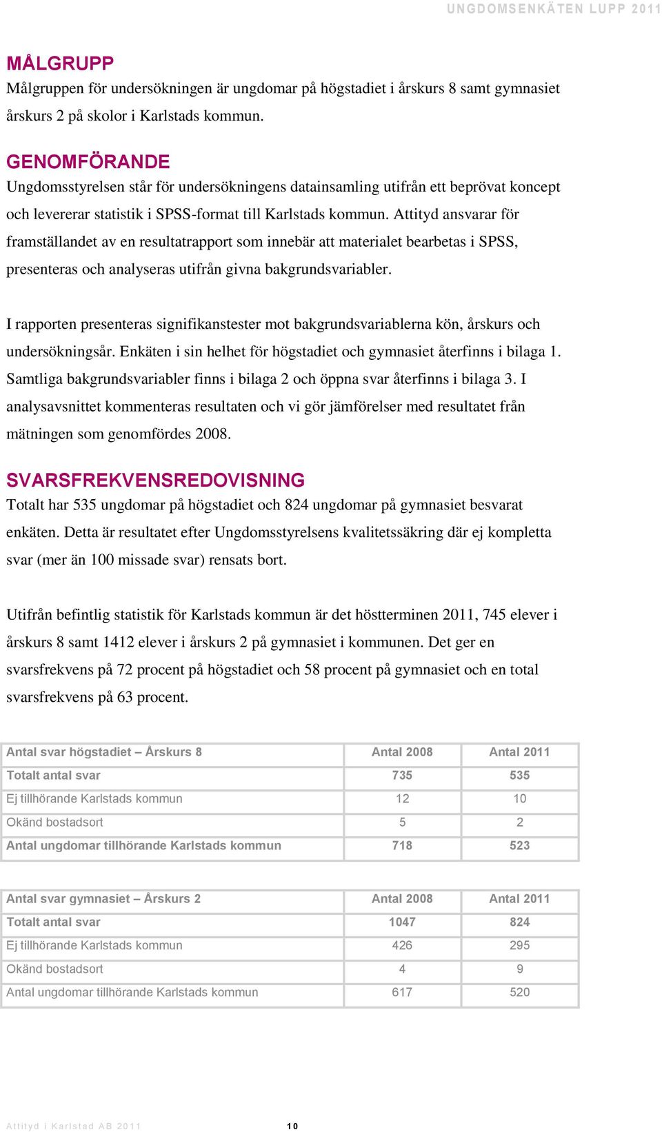 Attityd ansvarar för framställandet av en resultatrapport som innebär att materialet bearbetas i SPSS, presenteras och analyseras utifrån givna bakgrundsvariabler.