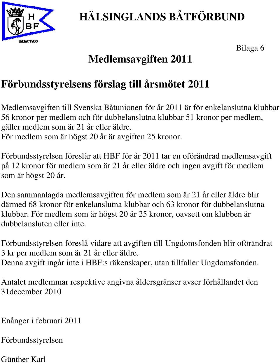 Förbundsstyrelsen föreslår att HBF för år 2011 tar en oförändrad medlemsavgift på 12 kronor för medlem som är 21 år eller äldre och ingen avgift för medlem som är högst 20 år.