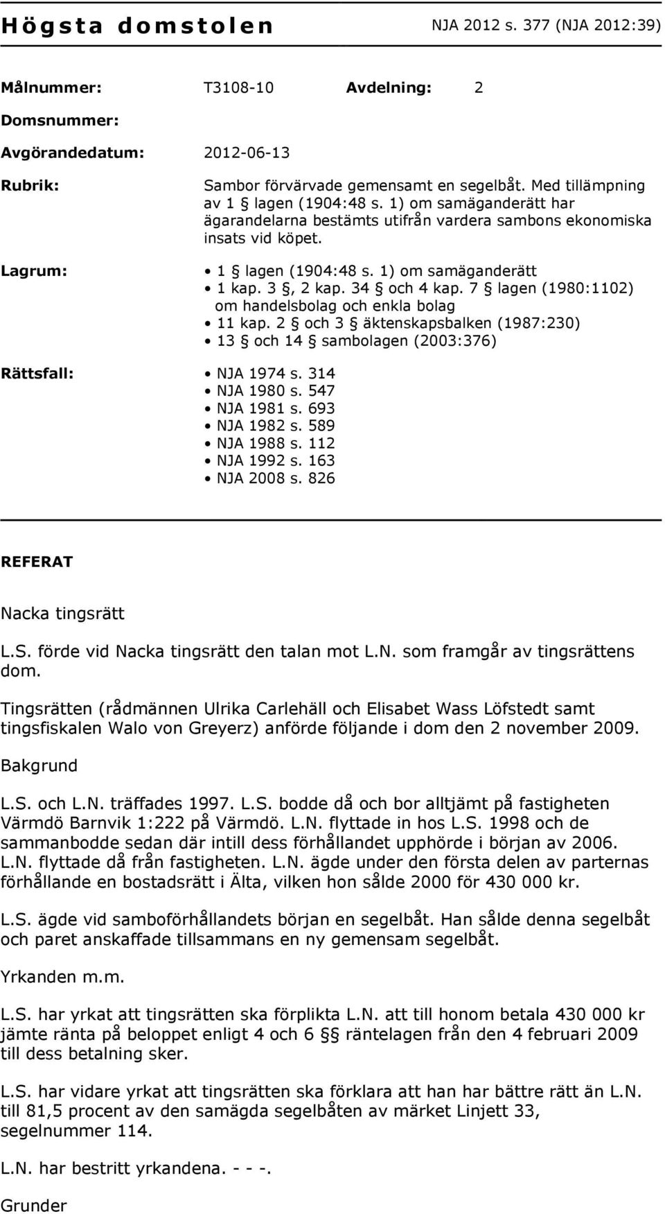 34 och 4 kap. 7 lagen (1980:1102) om handelsbolag och enkla bolag 11 kap. 2 och 3 äktenskapsbalken (1987:230) 13 och 14 sambolagen (2003:376) Rättsfall: NJA 1974 s. 314 NJA 1980 s. 547 NJA 1981 s.