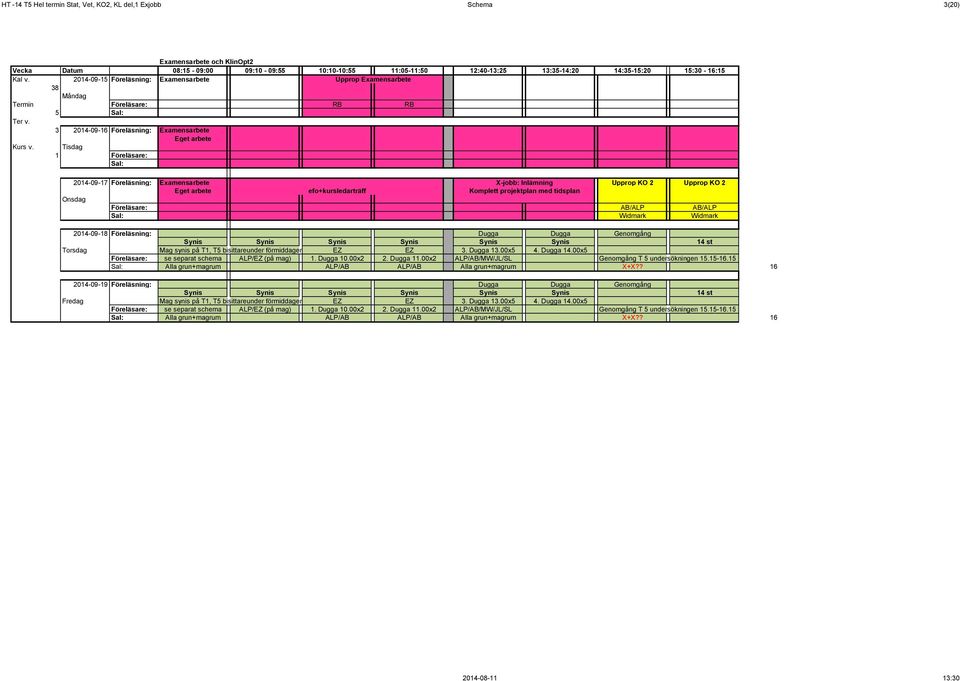 KO 2 Eget arbete efo+kursledarträff Komplett projektplan med tidsplan AB/ALP AB/ALP Widmark Widmark 2014-09-18 Föreläsning: Dugga Dugga Genomgång Synis Synis Synis Synis Synis Synis 14 st Mag synis