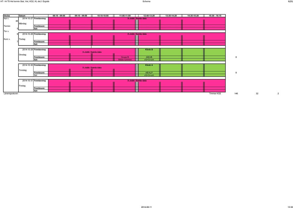 2014-10-29 Föreläsning: Klinik B X-Jobb: Samla data Grupp B AB/UB 8 Städa rummen vg+g-rum