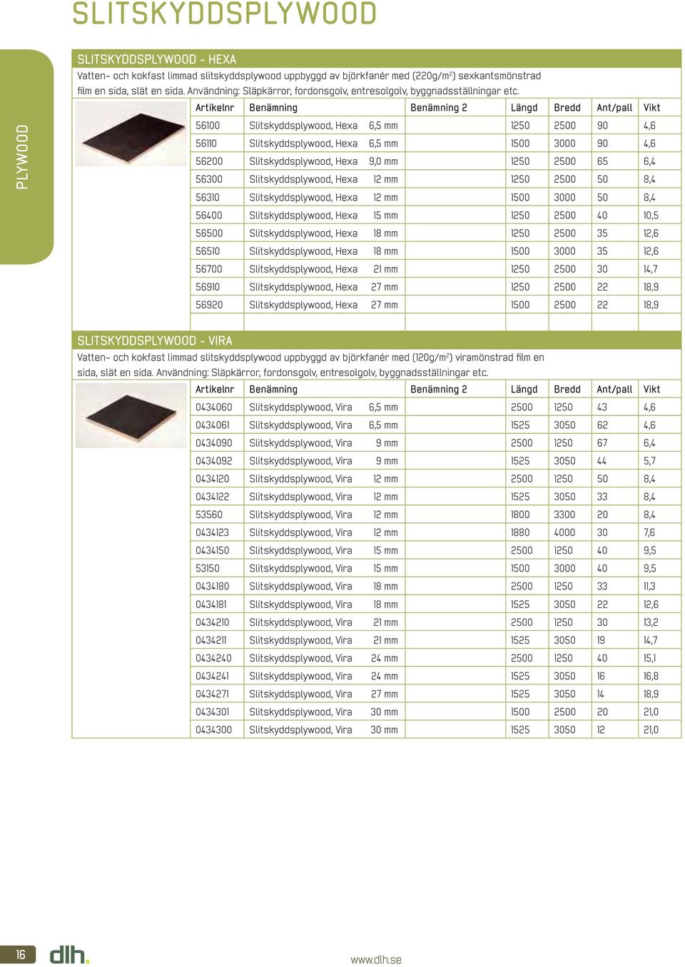 56100 Slitskyddsplywood, Hexa 6,5 mm 1250 2500 90 4,6 56110 Slitskyddsplywood, Hexa 6,5 mm 1500 3000 90 4,6 56200 Slitskyddsplywood, Hexa 9,0 mm 1250 2500 65 6,4 56300 Slitskyddsplywood, Hexa 12 mm