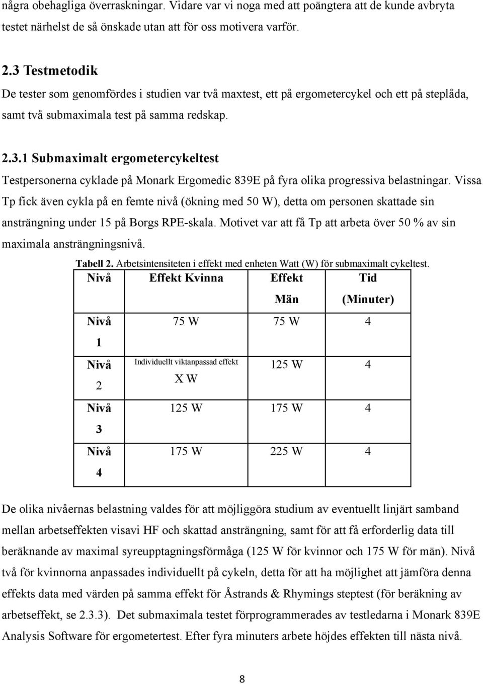 Vissa Tp fick även cykla på en femte nivå (ökning med 50 W), detta om personen skattade sin ansträngning under 15 på Borgs RPE-skala.