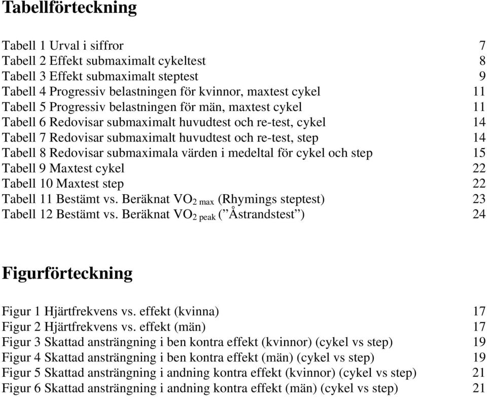 submaximala värden i medeltal för cykel och step 15 Tabell 9 Maxtest cykel 22 Tabell 10 Maxtest step 22 Tabell 11 Bestämt vs. Beräknat VO 2 max (Rhymings steptest) 23 Tabell 12 Bestämt vs.
