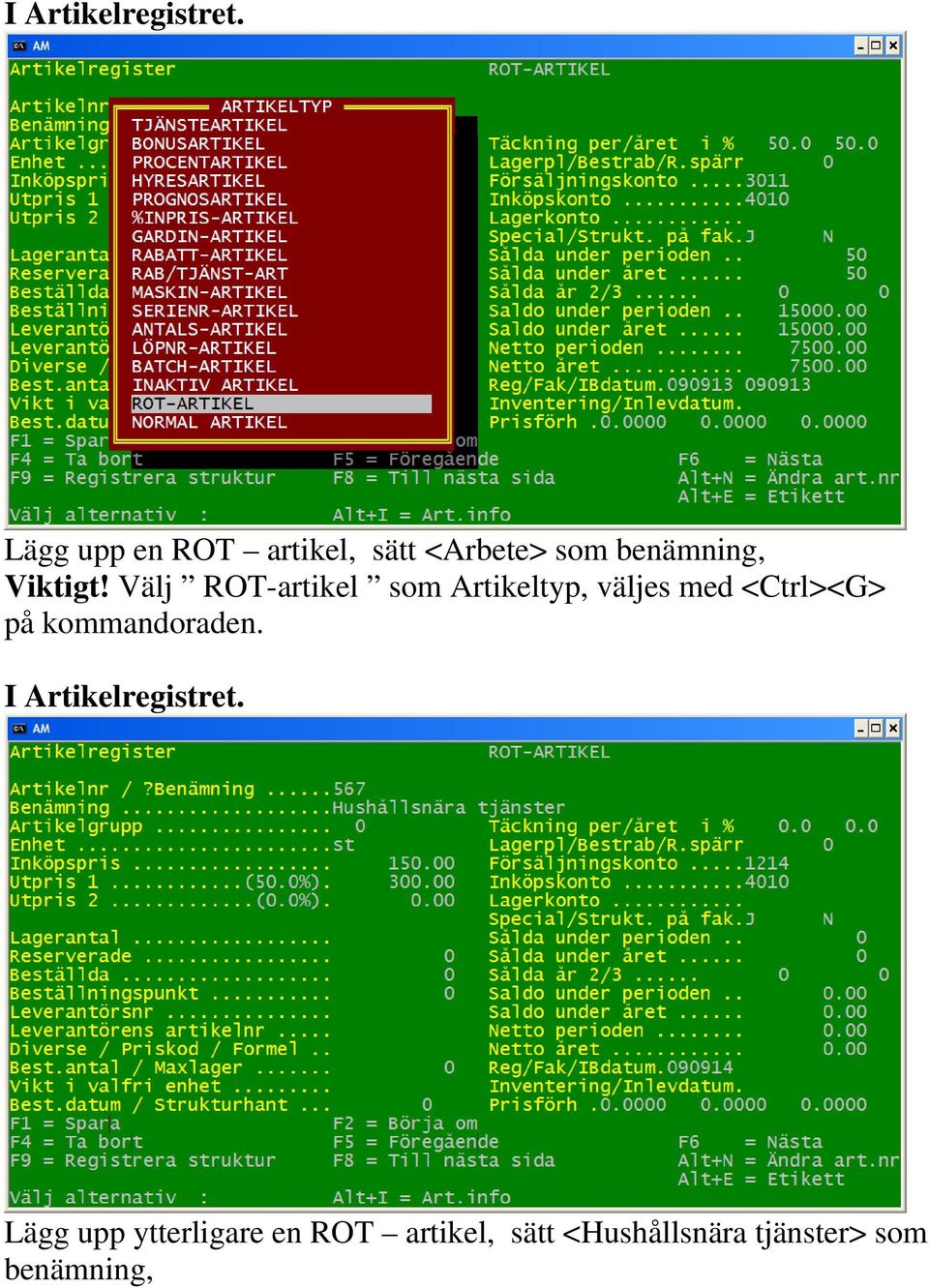 Välj ROT-artikel som Artikeltyp, väljes med <Ctrl><G> på