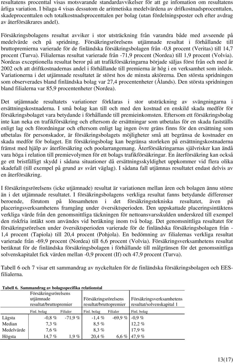 återförsäkrares andel). Försäkringsbolagens resultat avviker i stor utsträckning från varandra både med avseende på medelvärde och på spridning.