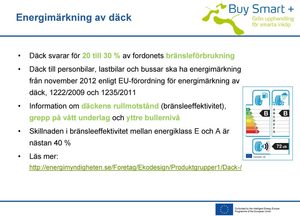 Information om däckens rullmotstånd (bränsleeffektivitet), grepp på vått underlag och yttre bullernivå Skillnaden i