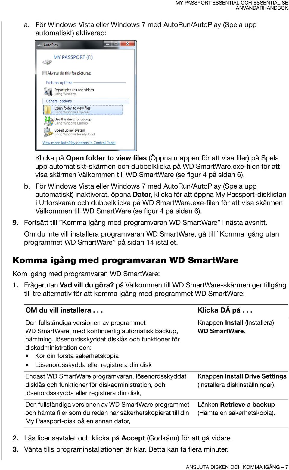 För Windows Vista eller Windows 7 med AutoRun/AutoPlay (Spela upp automatiskt) inaktiverat, öppna Dator, klicka för att öppna My Passport-disklistan i Utforskaren och dubbelklicka på WD SmartWare.