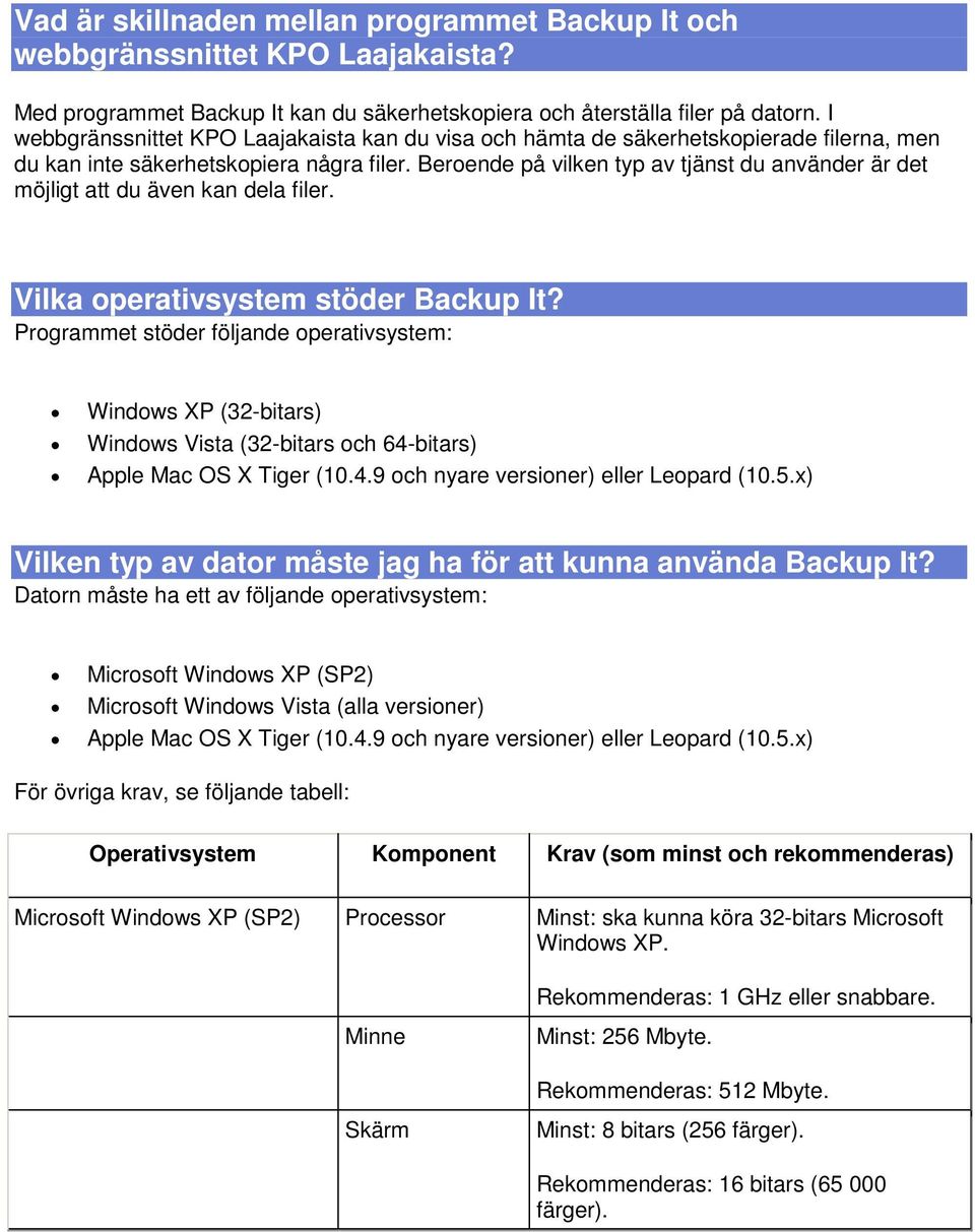 Beroende på vilken typ av tjänst du använder är det möjligt att du även kan dela filer. Vilka operativsystem stöder Backup It?