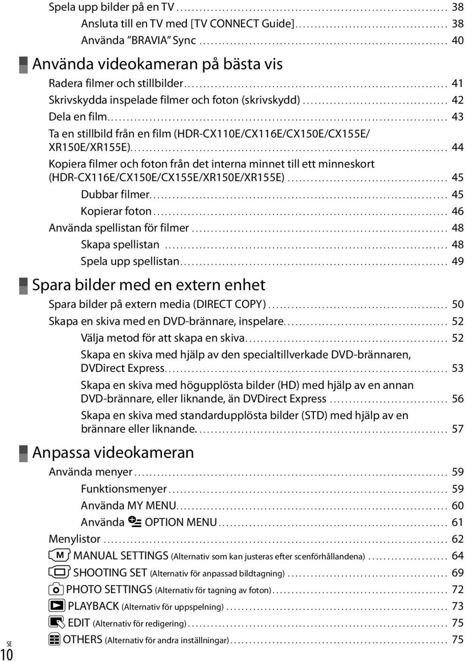 ...................................... 42 Dela en film......................................................................................... 43 Ta en stillbild från en film (HDR-CX110E/CX116E/CX150E/CX155E/ XR150E/XR155E).
