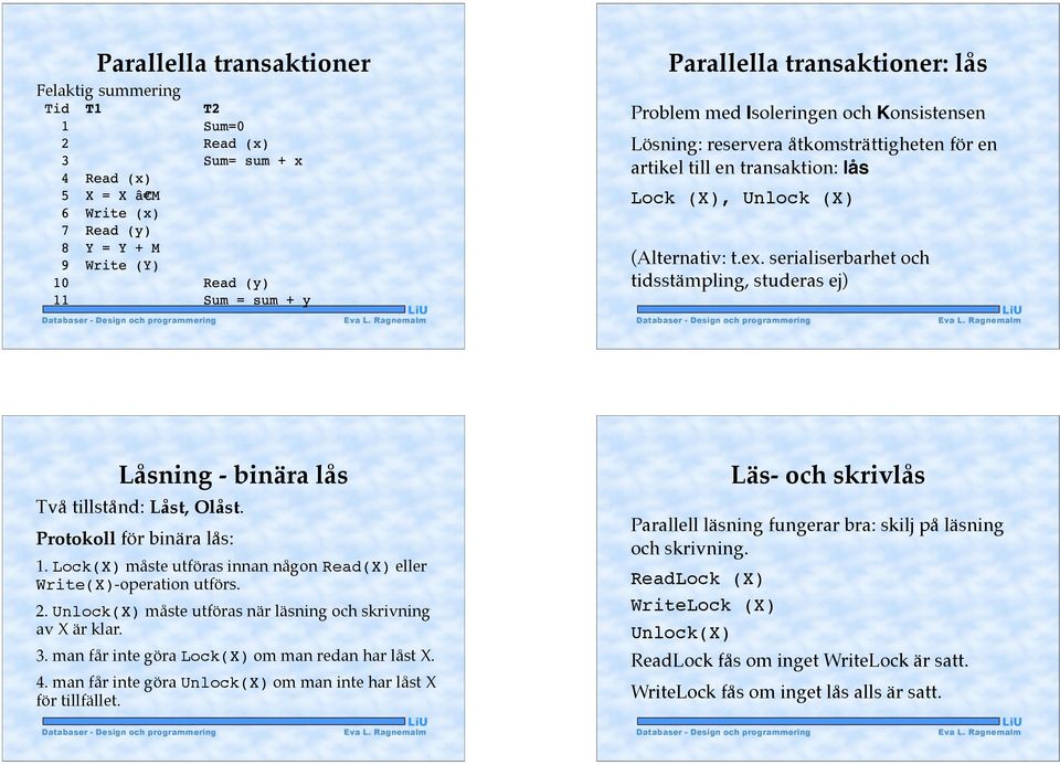 Lock(X) måste utföras innan någon Read(X) eller Write(X)-operation utförs. 2.Unlock(X) måste utföras när läsning och skrivning av X är klar. 3.man får inte göra Lock(X) om man redan har låst X. 4.