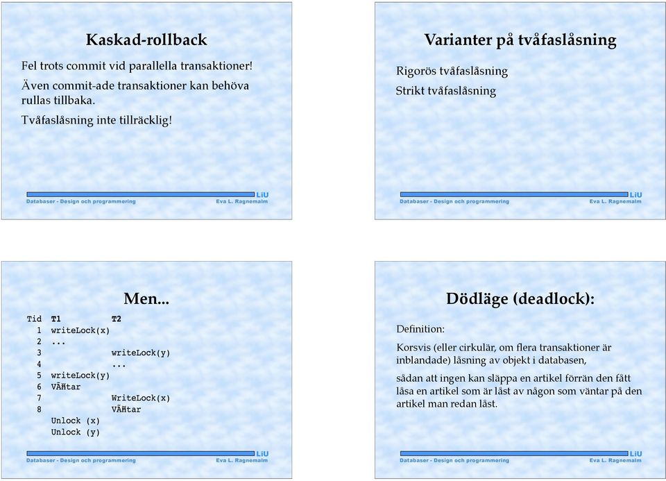 .. Dödläge (deadlock): Definition: Korsvis (eller cirkulär, om flera transaktioner är inblandade) låsning av objekt i