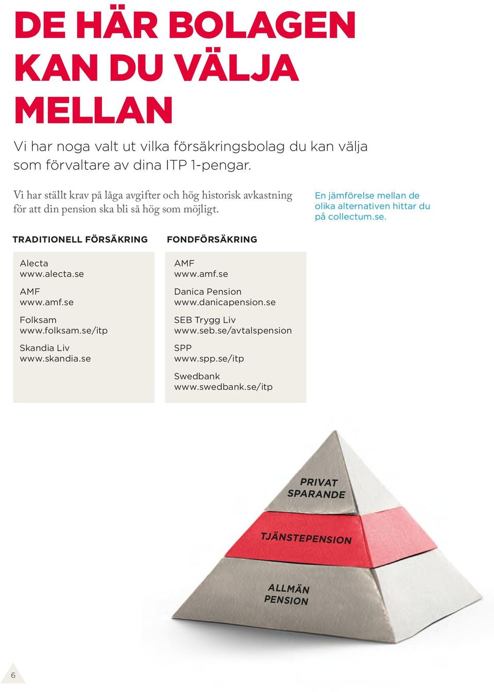 En jämförelse mellan de olika alternativen hittar du på collectum.se. TRADITIONELL FÖRSÄKRING Alecta www.alecta.se AMF www.amf.se Folksam www.folksam.