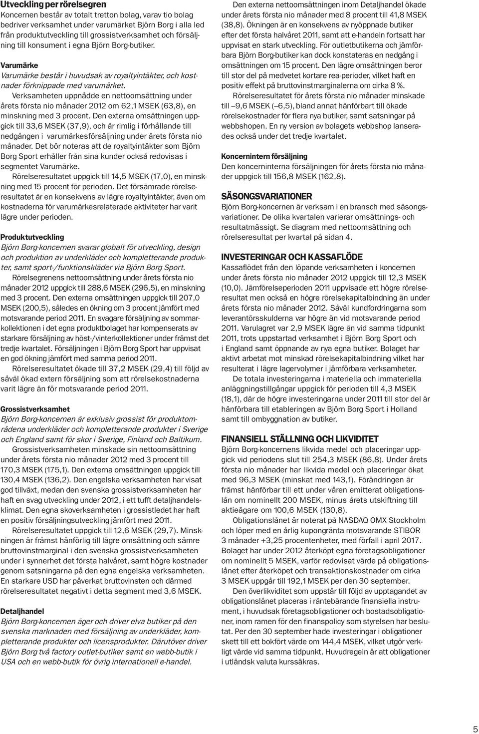 Verksamheten uppnådde en nettoomsättning under årets första nio månader 2012 om 62,1 MSEK (63,8), en minskning med 3 procent.