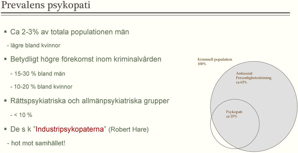kvinnor Antisocial Personlighetsstörning ca 65% Rättspsykiatriska och allmänpsykiatriska