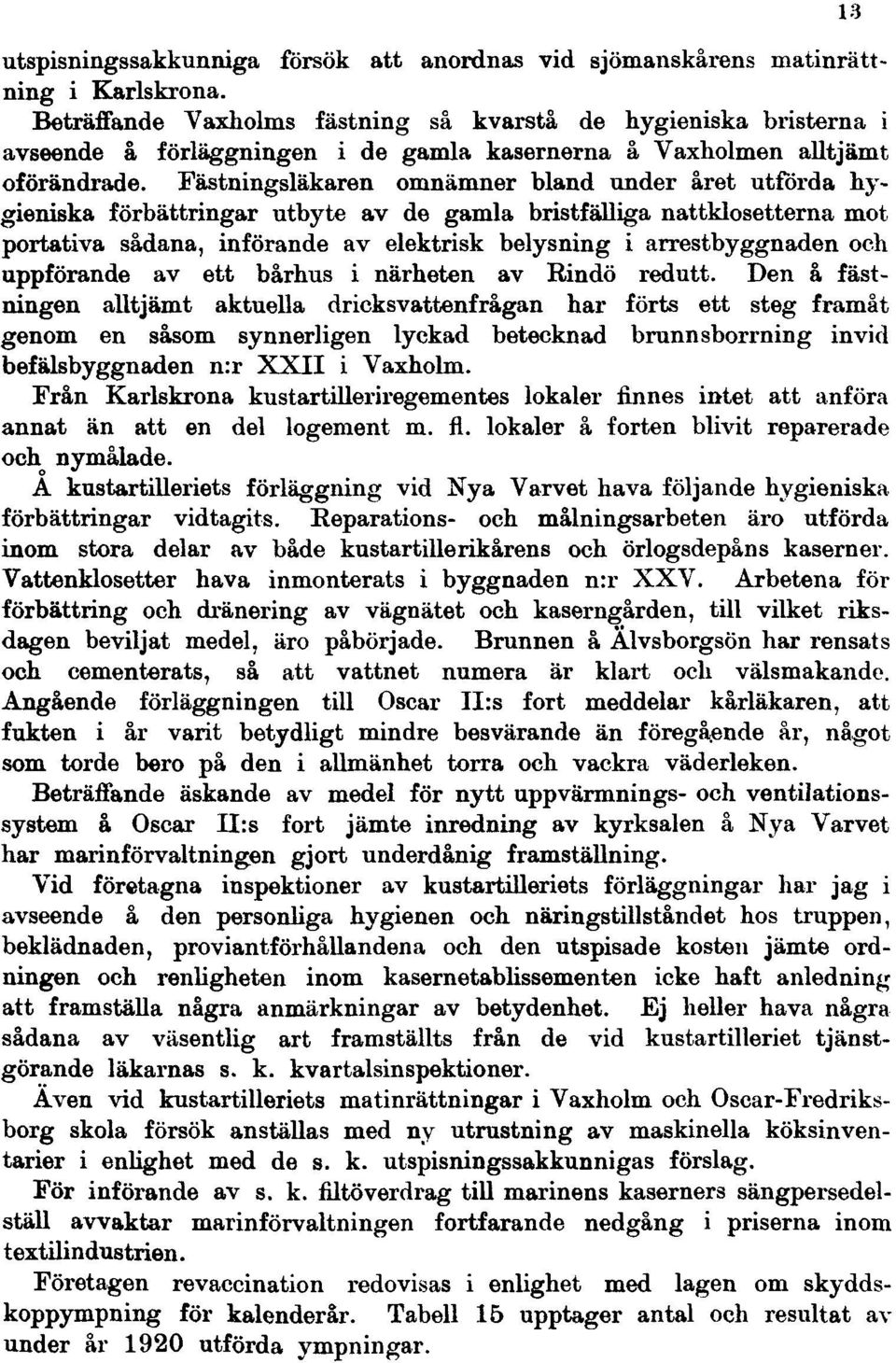 Fästningsläkaren omnämner bland under året utförda hygieniska förbättringar utbyte av de gamla bristfälliga nattklosetterna mot portativa sådana, införande av elektrisk belysning i arrestbyggnaden