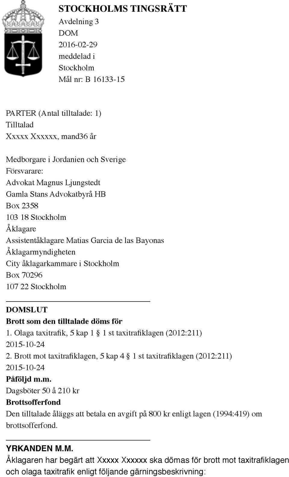 22 Stockholm DOMSLUT Brott som den tilltalade döms för 1. Olaga taxitrafik, 5 kap 1 1 st taxitrafiklagen (2012:211) 2015-10-24 2.