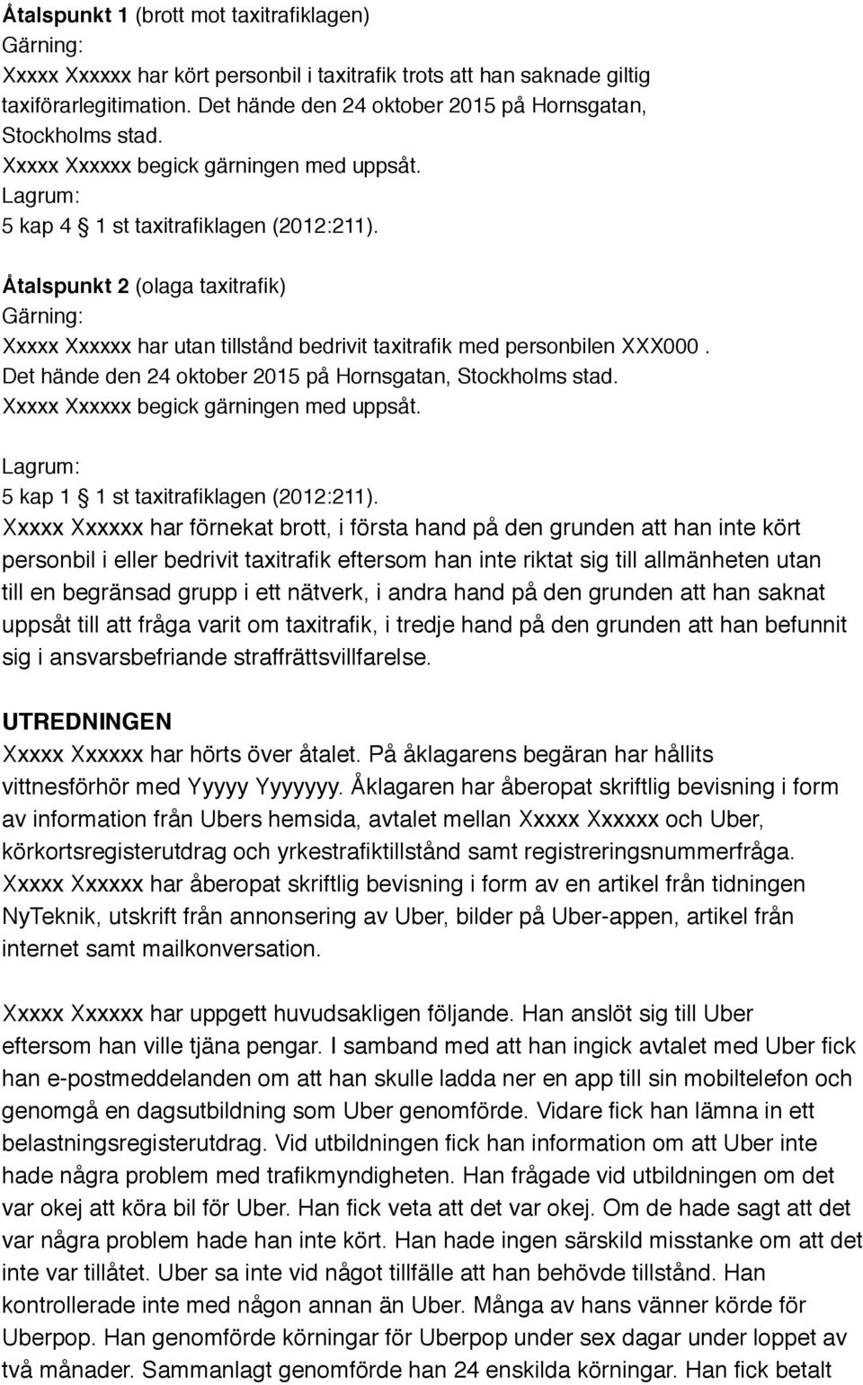 Åtalspunkt 2 (olaga taxitrafik) Gärning: Xxxxx Xxxxxx har utan tillstånd bedrivit taxitrafik med personbilen XXX000. Det hände den 24 oktober 2015 på Hornsgatan, Stockholms stad.