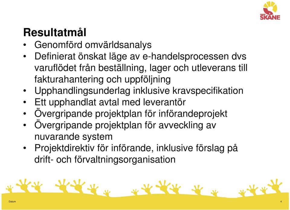 kravspecifikation Ett upphandlat avtal med leverantör Övergripande projektplan för införandeprojekt Övergripande