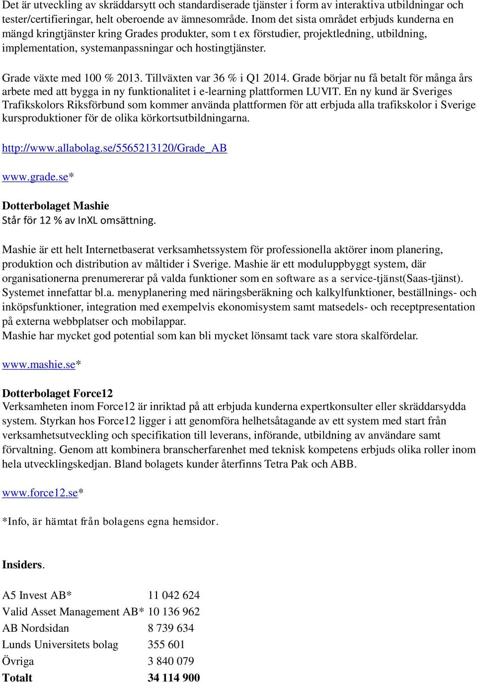 Grade växte med 100 % 2013. Tillväxten var 36 % i Q1 2014. Grade börjar nu få betalt för många års arbete med att bygga in ny funktionalitet i e-learning plattformen LUVIT.